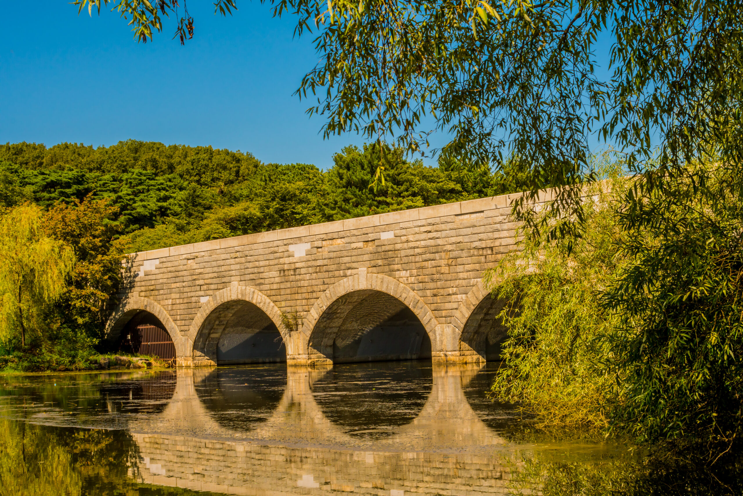 Large brick bridge with arched tunnels spanning a river with its reflection in the water surrounded by lush green trees with a clear blue sky.
